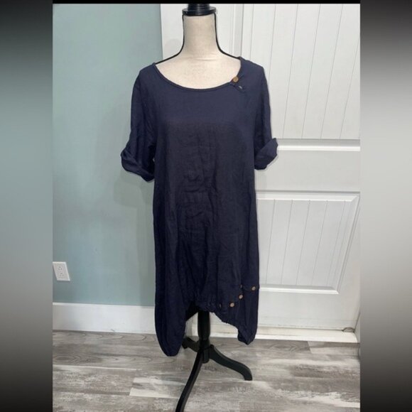 Couleur Lin Paris Milan Linen Navy midi dress size medium - Picture 1 of 7